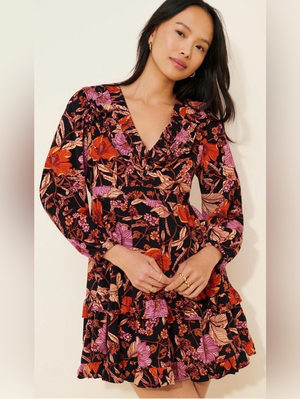 Pilcro Floral V-Neck Long Sleeve Tiered Dress in Black, Orange & Pink
